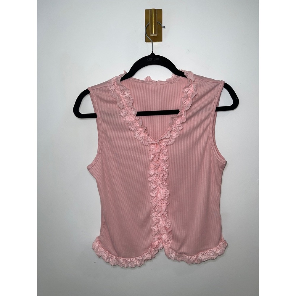 Coquette Lace Trim Barbie Ruffle Front Pink Ribbed Tank Top Sleeveless V-Neck XL